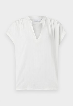 Λευκό μπλουζάκι με κοντά μανίκια, διακριτικές κάθετες ρίγες, ντεκολτέ σε σχήμα V με εγκοπή και ελαφρές πιέτες στους ώμους.