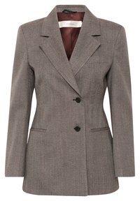 Hnědý blazer s herringbone vzorem, s špičatými klopami, zapínáním na dva knoflíky, bočními kapsami a kontrastním vínovým podšívem. Přizpůsobený střih.