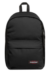 Black Eastpak backpack made of durable fabric, featuring a main compartment, front pocket, and a looped handle for easy carrying.