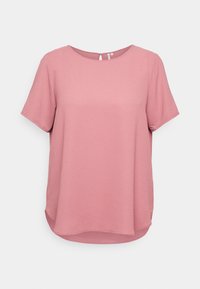 Kortärmad rosa topp med rund halsringning och en liten nyckelhålsdetalj bak. Mjuk textur med en avslappnad, lätt rundad nederkant.