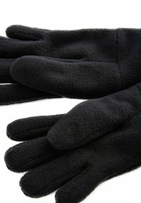 Gants en polaire noirs à cinq doigts, avec une texture douce et une finition lisse. Conçus pour la chaleur et le confort par temps froid.