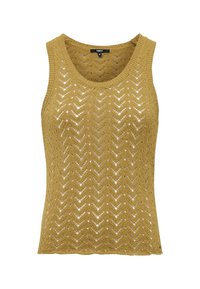 Senapsgul stickad linne med en chevronmönster, rundad halsringning och öppen vävstruktur. Ärmlös design.