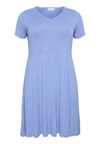 Kortærmet blå bomuldskjole med hvide prikker, V-hals, tætsiddende liv og flagrende skørt, der har en glat tekstur.