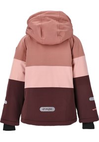 Veste à blocs de couleurs en nuances de rose et bordeaux, dotée d'une capuche, de poignets ajustables et d'accents réfléchissants. Matière textile douce.