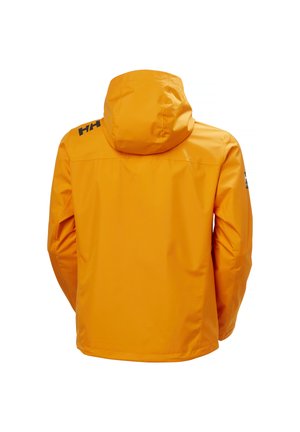 Chaqueta impermeable naranja brillante con capucha, mangas largas y logo de Helly Hansen en el hombro izquierdo superior, vista desde atrás.