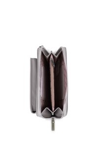 Compact light gray wallet open, showing multiple card slots, a central zippered coin compartment, and fabric lining with subtle pattern.