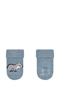 Blue cotton socks with a rolled cuff, featuring a printed badger design on each sock. Smooth texture and a lightweight feel.
