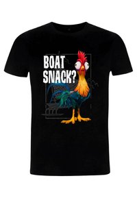 T-shirt in cotone nero con un colorato gallo dei cartoni animati dai grandi occhi, accompagnato dal testo "BOAT SNACK?" in lettere bianche in grassetto.