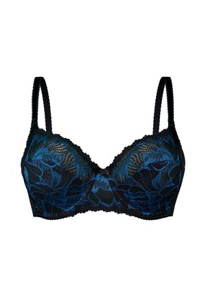 Zwarte kanten beha met blauwe bloemenprint, onderbuste cups, verstelbare bandjes, golvende randen en een gladde textuur.