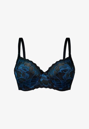 Reggiseno in pizzo nero con motivo floreale blu, coppe con ferretto, spalline regolabili, bordi ondulati e una consistenza liscia.