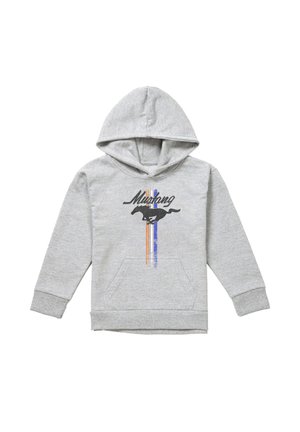 Hellgrauer Kapuzenpullover mit Fronttasche, versehen mit schwarzem laufendem Mustang-Grafik und vertikalen orange-blauen Streifen sowie dem Schriftzug "Mustang".