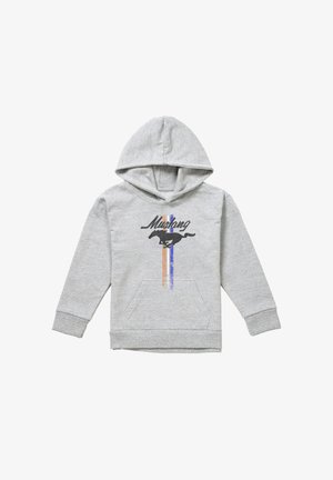 Hellgrauer Kapuzenpullover mit Fronttasche, versehen mit schwarzem laufendem Mustang-Grafik und vertikalen orange-blauen Streifen sowie dem Schriftzug "Mustang".