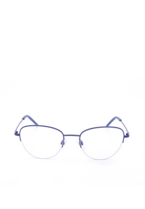 Montature per occhiali da vista a forma di occhio di gatto in metallo blu con lenti trasparenti, naselli regolabili e aste leggermente curve su sfondo bianco.