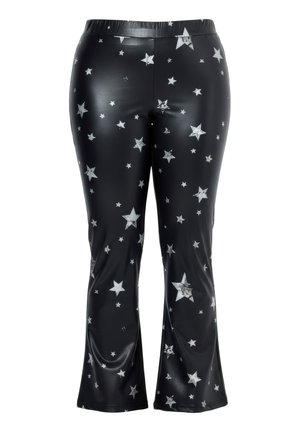 Sorte tætsiddende bukser med sølvstjernemønstre spredt over det hele og en let smal udvidelse forneden.