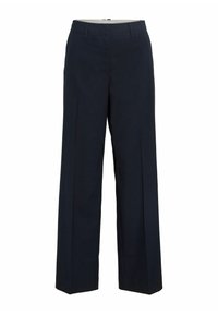 Pantalon sur mesure bleu marine avec un design à jambe droite, comprenant des plis sur le devant, une fermeture éclair et une finition à texture lisse.