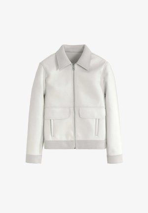 Veste gris clair zippée avec grand col, deux poches à rabat et manches à bords-côtes sur un fond blanc uni.