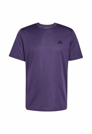 Maglietta sportiva viola a maniche corte con scollo rotondo e piccolo logo nero Adidas sul petto a sinistra.