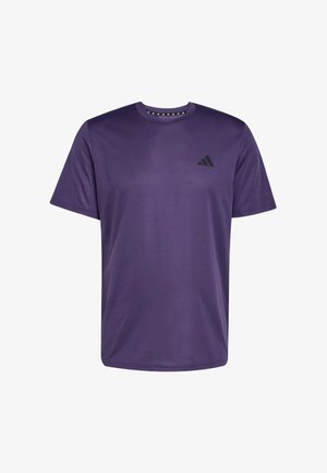 Maglietta sportiva viola a maniche corte con scollo rotondo e piccolo logo nero Adidas sul petto a sinistra.