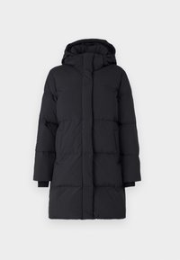 Black puffer coat with a hood, featuring a quilted design, long sleeves, front zip closure, and elastic cuffs. Smooth, textured fabric.