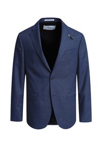 Marineblauer Herrenblazer mit Reverskragen, einreihiger Knopfschluss, aufgesetzten Taschen, Brusttasche und einer dekorativen Nadel am linken Revers.