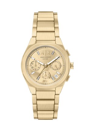 Goldfarbene Armani Exchange Armbanduhr mit Metallgliederarmband, drei Hilfszifferblättern, Datumsanzeige und silbernen Stundenmarkierungen auf passendem goldfarbenem Zifferblatt.