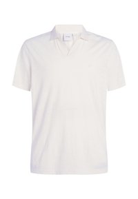 Licht beige poloshirt met korte mouwen, gemaakt van zachte stof, met een V-hals en een subtiel logo op de linkerkant van de borst.