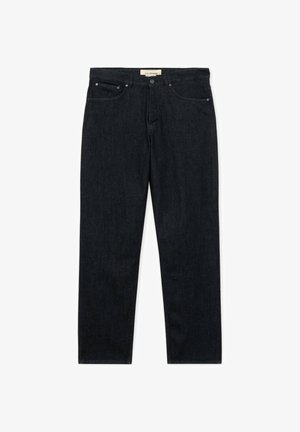 Jeans blu scuro a gamba dritta con tasche frontali, passanti per cintura e chiusura con bottone su sfondo bianco.