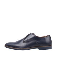 Chaussure en cuir navy à lacets avec une texture lisse, bout arrondi et subtils accents marron contrastants sur la semelle et la doublure. Design classique.