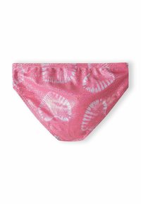 Parte inferiore di bikini rosa con un motivo tie-dye caratterizzato da vortici bianchi, realizzata in un materiale brillante; tessuto elastico con lati arricciati.