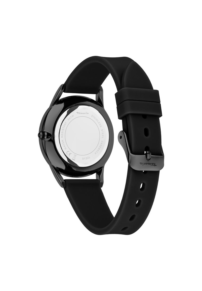 Reloj con correa de silicona negra y caja de acero inoxidable. Presenta una forma redonda, acabado mate y una superficie lisa en la parte posterior.