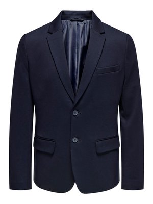 Navy blue blazer with a notch lapel, two buttons, and flap pockets. Features a smooth inner lining and a tailored fit.