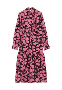 Abito a maniche lunghe con colletto alto, caratterizzato da un motivo floreale rosa su sfondo scuro, tessuto texturizzato e orlo con balze.