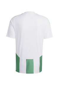 Weißes Sporttrikot mit grünen vertikalen Streifen am unteren Rand. Mit Rundhalsausschnitt und kurzen Ärmeln, aus leichtem Material gefertigt.