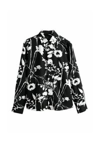 Fekete-fehér virágmintás, hosszú ujjú ing, galléros nyakkal, sima anyagból készült, laza szabású.