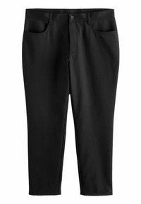 Black trousers made of smooth fabric, featuring a front button closure, belt loops, and two front pockets. Tailored, straight leg design.