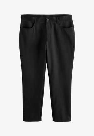 Mustad tumed püksid sileda kangaga, esifaasiga nööbiga kinnitatud, vöödega aasadega ja kahe esiküljepoketiga. Kohandatud, sirge sääre disain.