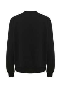 Zwarte sweatshirt met lange mouwen en een ronde halslijn, ribbelboorden en een ribbelzoom. Gladde stoftextuur; geen zichtbare patronen of accenten.