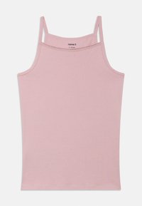 Lys rosa ermeløs tanktop laget av mykt stoff. Har tynne stropper og rett snitt med en ren avslutning langs kantene.