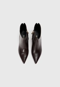 Botas de cuero marrón hasta el tobillo con punta afilada, cierre de cremallera y un diseño minimalista. Textura suave y un acabado ligeramente brillante.