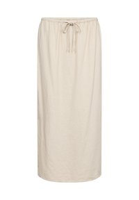 Beige Leinen-Maxikleid mit elastischem Bund und verstellbarem Kordelzug. Gerader Schnitt mit einer glatten, leichten Textur.