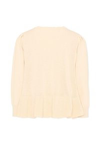 Crèmekleurige trui met lange mouwen, geribbelde zoom en subtiel opgeblazen schouders, gezien van achteren tegen een witte achtergrond.