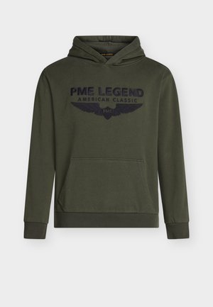 Maslinasto zelena pamučna majica s kapuljačom, s prednjim džepom u obliku kengura i vezenim tamnoplavim logotipom s krilima. Rebrasti manšete i rub.