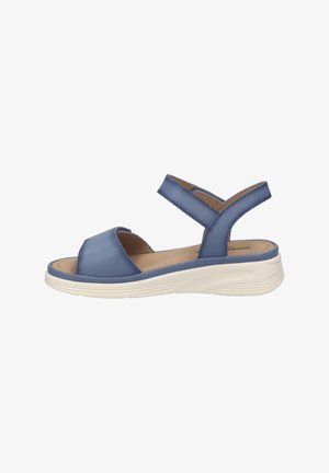 Blue open-toe sandal with adjustable ankle strap and cushioned white sole designed for comfort and casual wear.