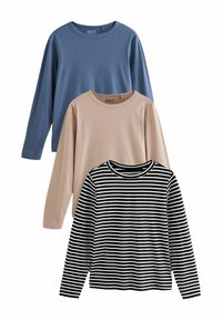 Drei Langarmoberteile: eines in Blau, eines in Beige und eines in schwarz-weiß gestreift. Alle verfügen über runde Ausschnitte und ein weiches Material.