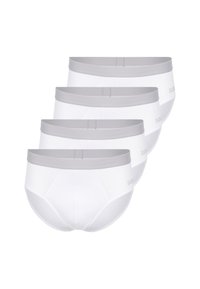 Culottes en coton blanc avec une ceinture élastique grise, présentant une texture lisse et un logo sur le côté. Paquet de quatre pièces identiques.