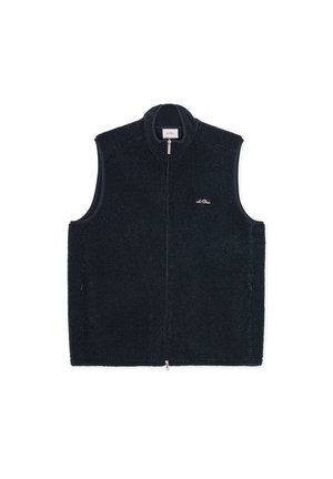 Veste sans manches en polaire noire avec fermeture éclair à l'avant et petit logo sur la poitrine gauche, présentée à plat sur fond blanc.