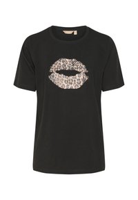 Zwarte katoenen t-shirt met een luipaardprint kiss graphic op de voorkant, ronde hals en korte mouwen. Zachte textuur.