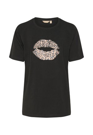 T-shirt in cotone nero con grafica di baci a stampa leopardata sul davanti, scollatura tonda e maniche corte. Tessuto morbido.