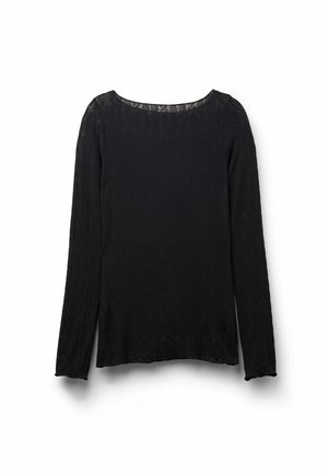Sort langærmet top med rund halsudskæring, struktureret mønster og afslappet pasform. Stoffet ser blødt ud med en let gennemsigtig kvalitet.