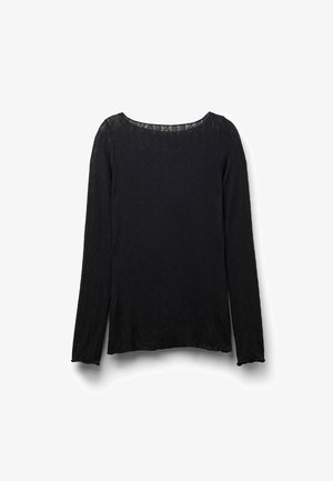 Camiseta negra de manga larga con cuello redondo, patrón texturizado y un corte relajado. La tela parece suave con una ligera calidad translúcida.